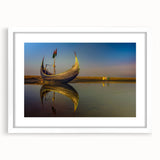 Abstract art print of a Bangladesh landscape in muted earth tones on a framed white mat, suitable for dining room decor.