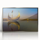 Mid-century modernist art depicting a serene Bangladesh scenery in muted green and blue tones, framed in silver acrylic.