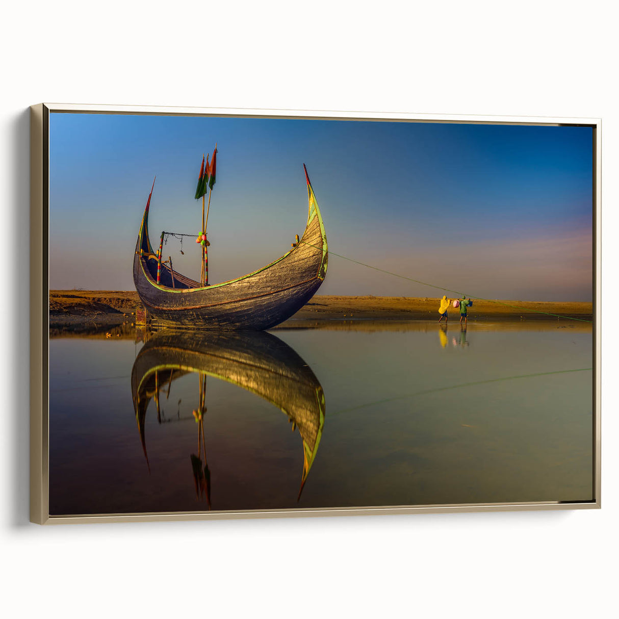 Framed canvas depicting a serene Bangladesh landscape in muted green and gold tones, ideal for bedroom wall art.