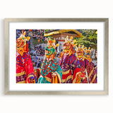 Textured art of an abstract Bhutanese landscape in muted earth tones, framed with a silver mat, suitable for bedroom decor.