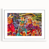 Abstract art print of Bhutan scenery in muted earth tones, framed with a white mat, suitable for dining room decor.