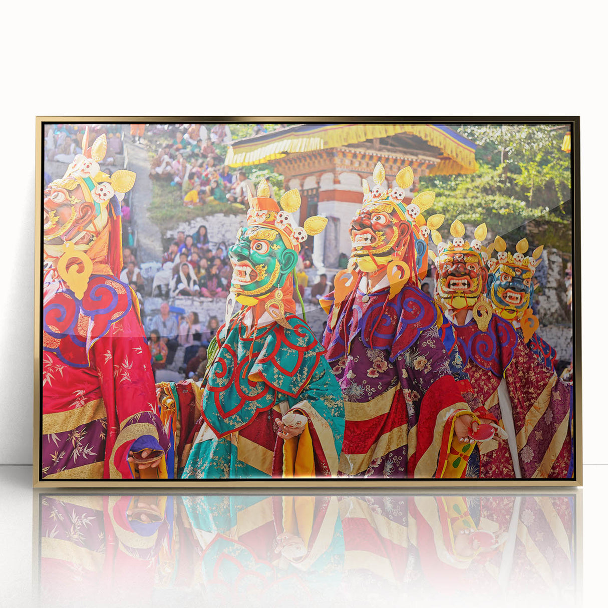 Framed acrylic print of a Bhutanese landscape, with muted earth tones, in a mid-century modernist style.