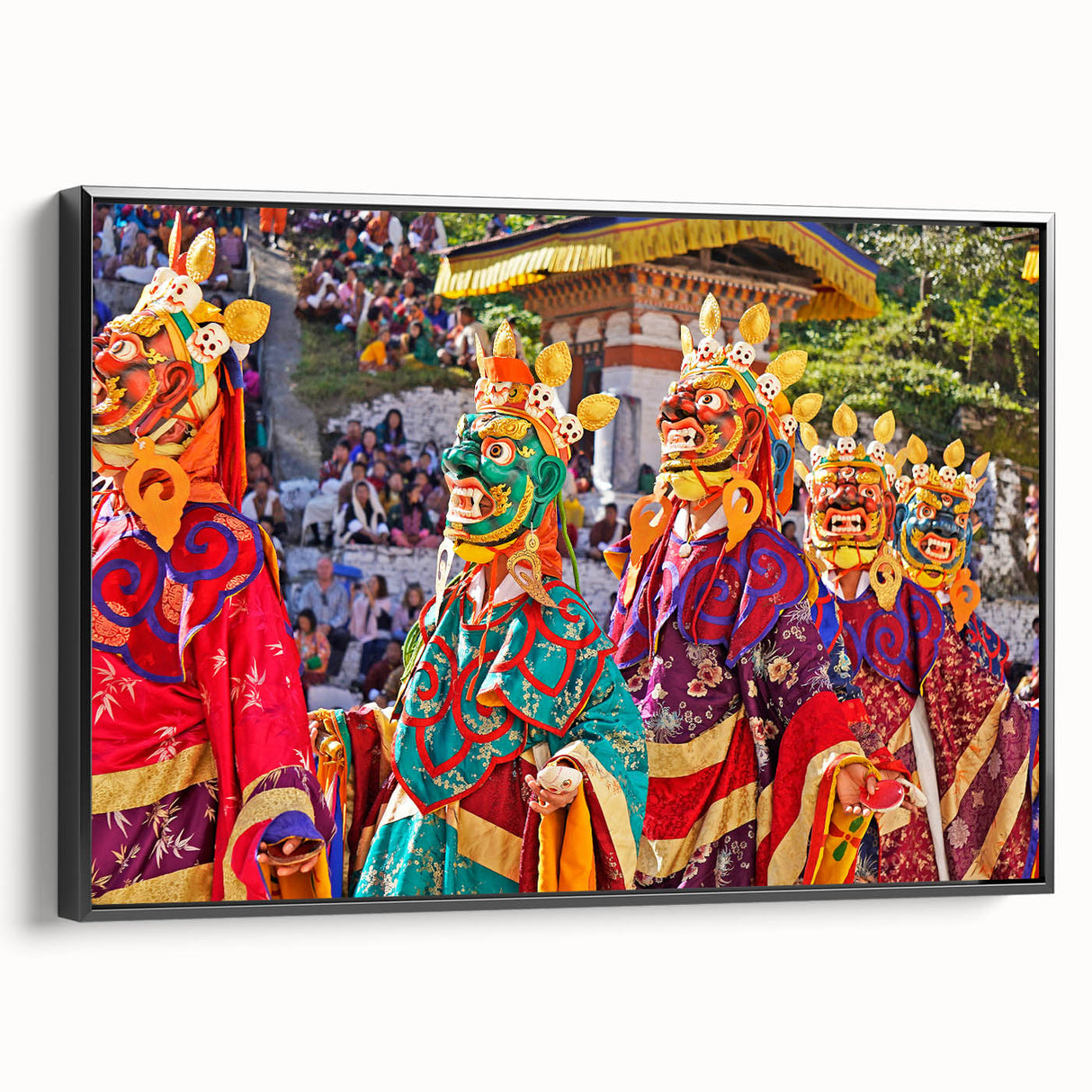 Black and white framed canvas of a Bhutanese landscape, ideal for bedroom wall art.