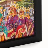 Textured black wall art featuring a colorful Bhutanese landscape on extra large framed canvas, ideal for living room decor.