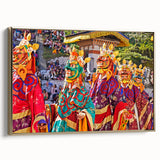 Framed canvas of a vintage-style Bhutanese landscape in black and gold tones, ideal for bedroom wall art.