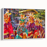 Vintage poster art of Bhutan scenery on extra large framed canvas, featuring colorful art against black.