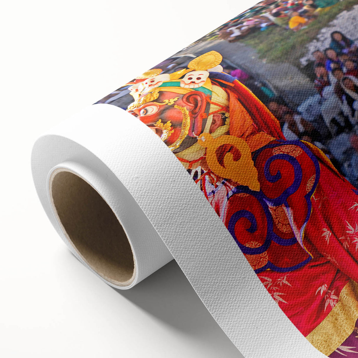 Art Deco style poster featuring a serene Bhutanese landscape in soft pastel shades, rolled canvas.