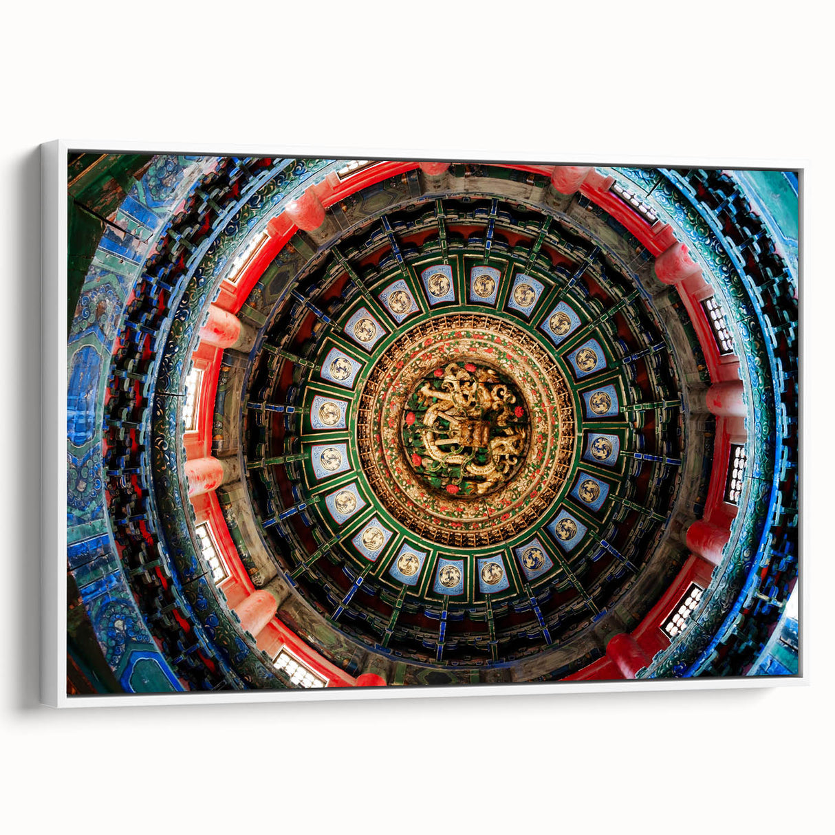 Vintage poster art of Beijing scenery on extra large framed canvas, featuring vibrant colors against a black background.
