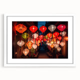 Abstract art print of Shanghai skyline in muted gray and blue tones, framed with a white mat, suitable for dining room decor.