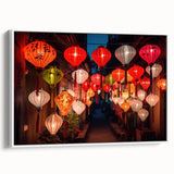 Vintage poster art of Shanghai skyline in vibrant colors on white-framed canvas, suitable for large living room walls.