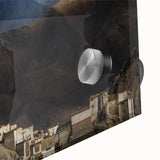 Large abstract wall art featuring a Tibetan landscape in muted earth tones on acrylic glass, ideal for dining room ambiance.