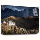 Large abstract wall art depicting a Tibetan landscape in muted earth tones on acrylic glass.