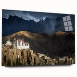 Large abstract wall art of a Tibetan landscape in muted earth tones on acrylic glass, ideal for bedroom or dining room decor.