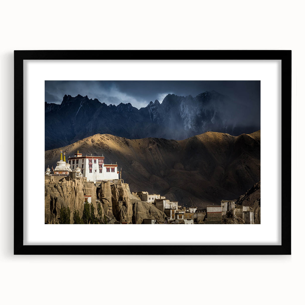 Extra large colorful art print depicting abstract Tibetan scenery in vibrant hues on a textured canvas.