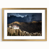 Extra large wall art of abstract Tibetan scenery in textured gold frame, ideal for living room decor.