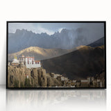 Large abstract wall art depicting a serene Tibetan landscape in muted earth tones on a framed acrylic panel.