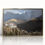 Large art print of a Tibetan landscape in muted earth tones on a framed acrylic, ideal for modern art wall decor.