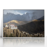 Acrylic print of a Tibetan landscape in muted earth tones, framed in white, suitable for modern art wall decor.