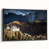 Black and white framed canvas of a Tibetan landscape in vintage poster style, ideal for bedroom decor.