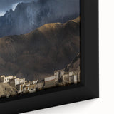 Extra large framed canvas featuring a textured depiction of a Tibetan landscape in black with colorful art accents.