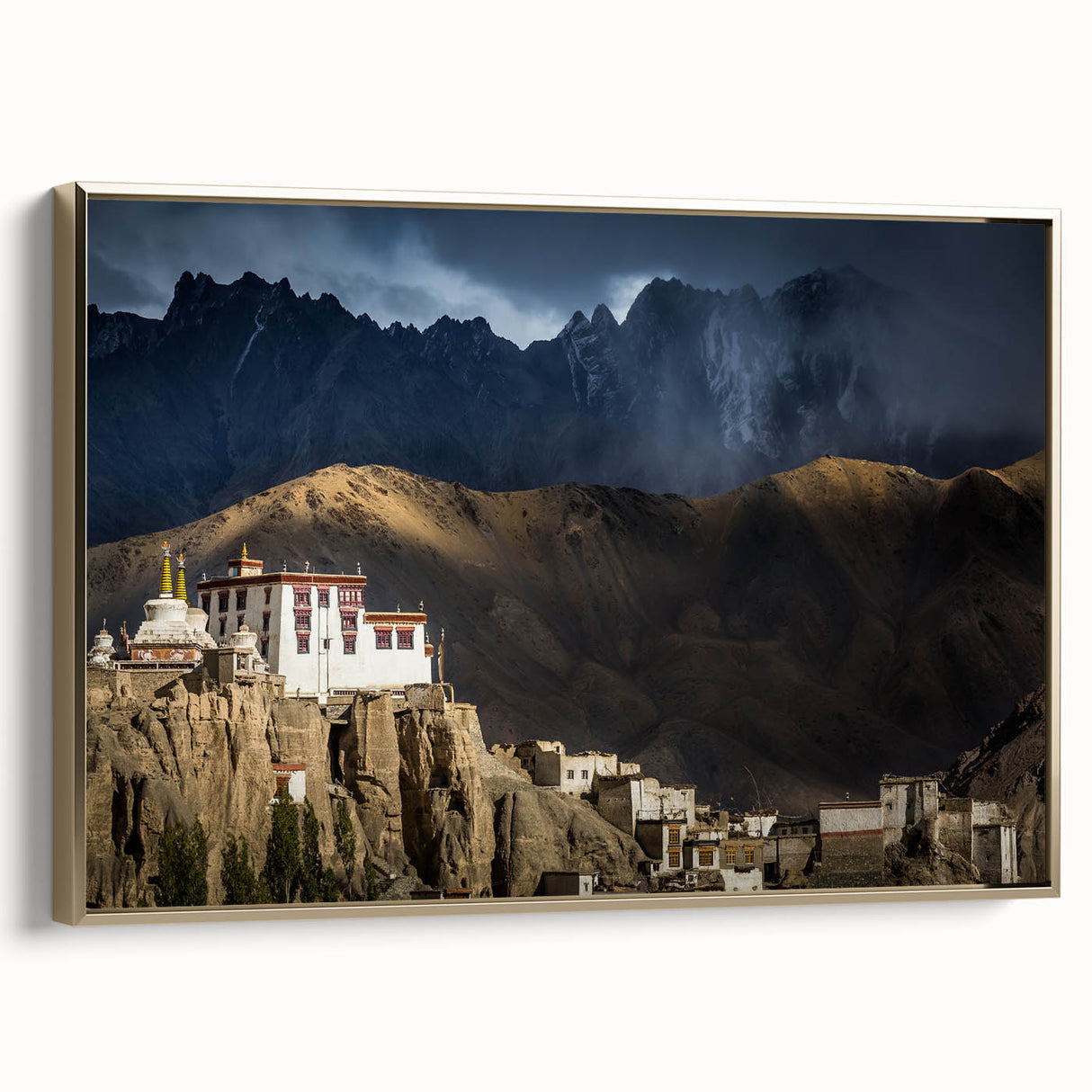 Framed canvas depicting a vintage-style landscape of Tibet in muted gold and black tones, ideal for bedroom wall art.