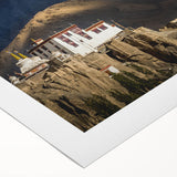 Art deco poster of Tibetan scenery in muted earth tones on rolled canvas, ideal for dining room wall art.