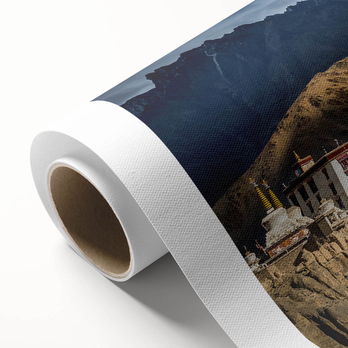 Art deco poster of Tibetan landscape in muted blues and greens on rolled canvas, ideal for nursery wall art.