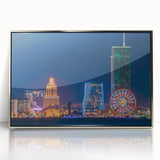 Mid-century modernist art depicting a serene Georgian landscape in muted earth tones on a silver-framed acrylic print.