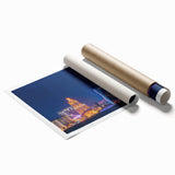 Extra large rolled print of a serene Asian landscape with soft floral elements in muted tones.