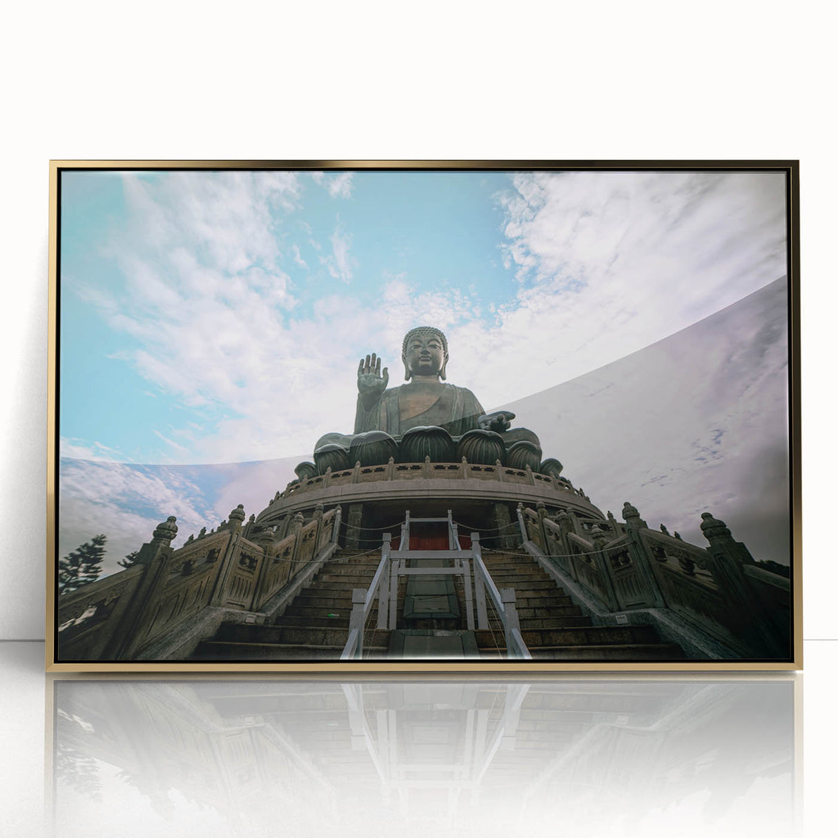 Framed acrylic print of Hong Kong skyline in gold and black, ideal for modern art wall decor.