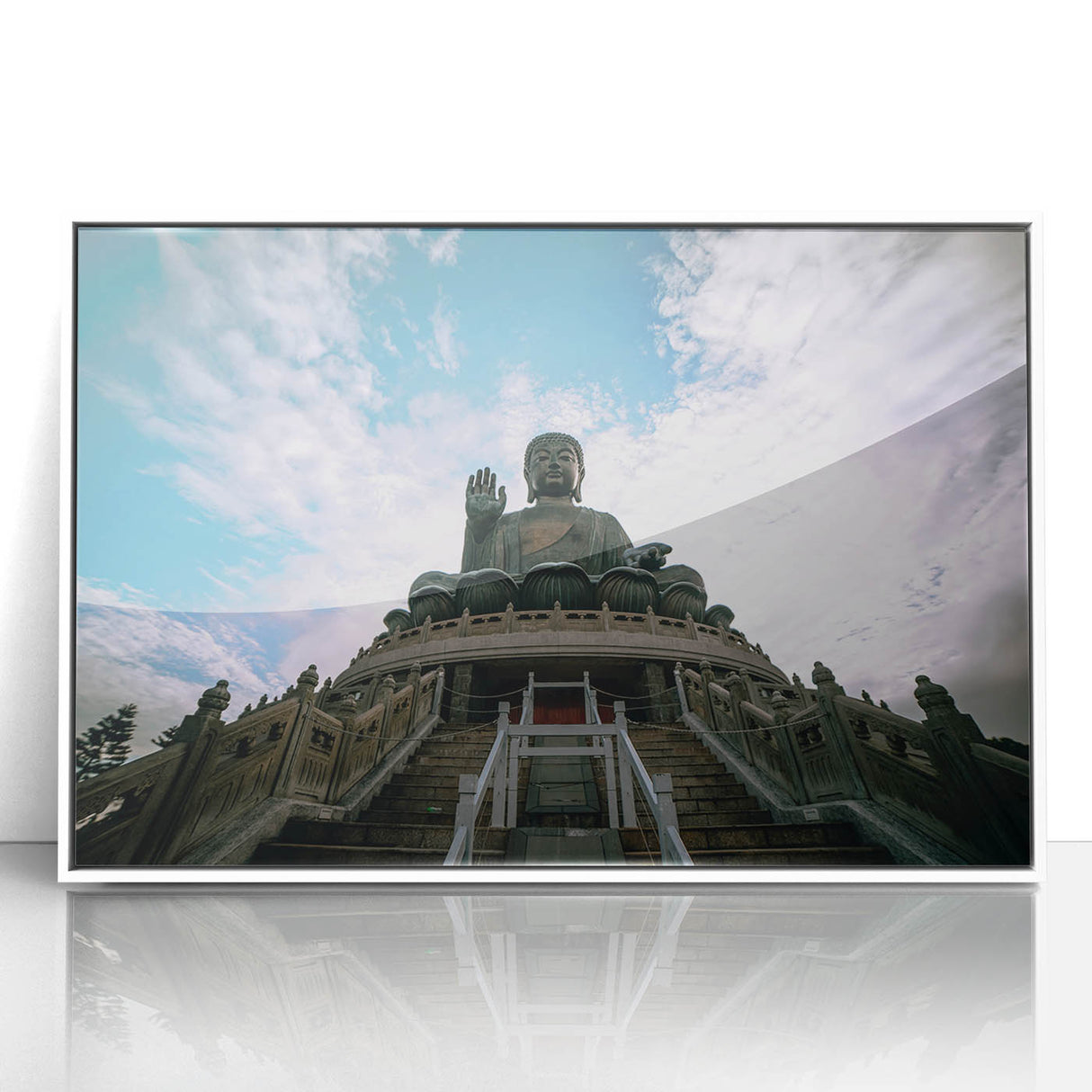 Framed acrylic print of Hong Kong skyline in art deco style, featuring muted gray and blue tones.