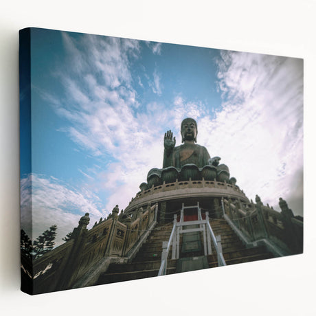 Hong Kong skyline depicted in vibrant twilight hues on a large stretched canvas, ideal for kitchen wall art.