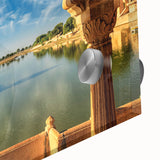 Large abstract wall art depicting a mid-century modernist scenery of India in vibrant hues on acrylic glass.