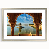 Textured abstract art print featuring a silver-framed depiction of an Asian scenery, ideal for bedroom art.