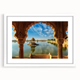 Abstract art print of an Indian landscape in earthy tones on a white matted frame, suitable for bedroom or dining room decor.