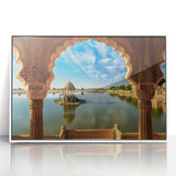 Art deco poster featuring a serene Indian landscape in muted earth tones, acrylic print framed in white.