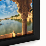 Extra large framed canvas featuring a textured depiction of a colorful Indian scenery in black wall art style.