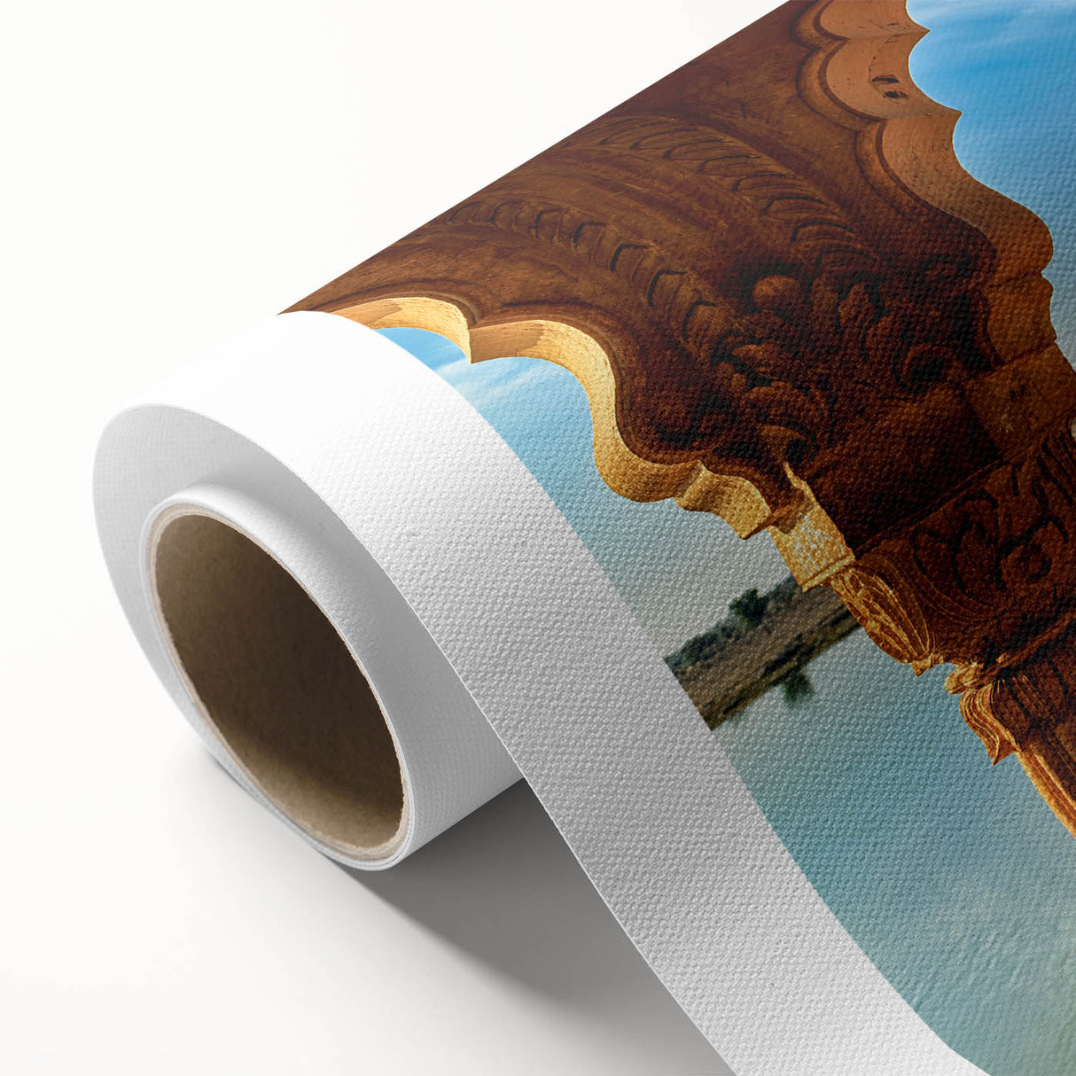 Art deco poster of a serene Indian landscape in soft pastel shades on rolled canvas, ideal for nursery wall art.