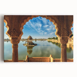 Black and white large art print of an Indian cityscape on stretched canvas, suitable for kitchen wall art.