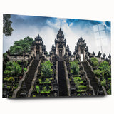 Large abstract wall art depicting a serene Indonesian landscape in soft green and blue tones on acrylic glass.