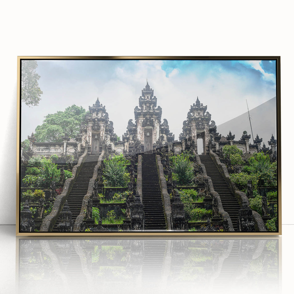 Framed acrylic print of a serene Indonesian landscape in earthy tones, ideal for modern art wall decor.