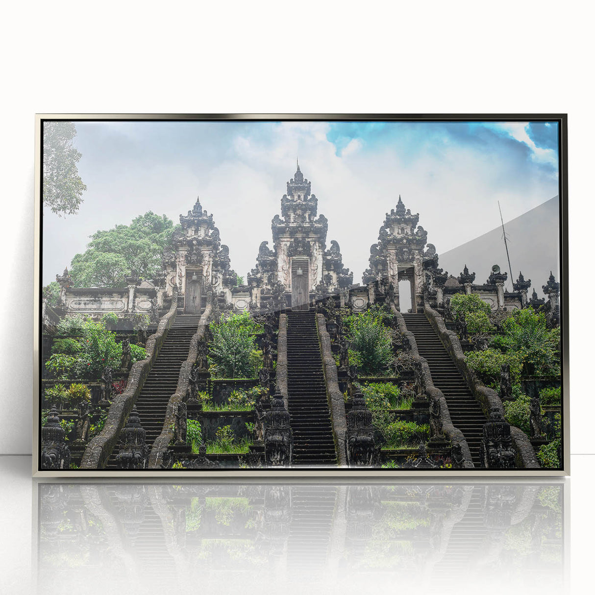 Mid-century modernist art depicting an Asian landscape in muted earth tones on a silver-framed acrylic print.