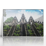 Acrylic print of a serene Indonesian landscape in soft pastel shades, framed in white, suitable for modern nursery decor.