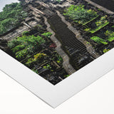 Art deco poster of an Indonesian landscape in muted green and blue tones on rolled canvas, suitable for dining room decor.