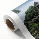 Art Deco style poster of an Indonesian landscape in muted green and brown hues on rolled canvas, ideal for nursery wall art.