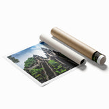 Extra large rolled canvas print featuring a serene Indonesian landscape with lush greenery and floral elements.