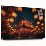 Acrylic print of a large abstract depiction of Kyoto with vibrant red and orange tones, ideal for dining room decor.