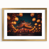 Extra large abstract art print of a Kyoto scenery in textured gold frame, ideal for living room decor.