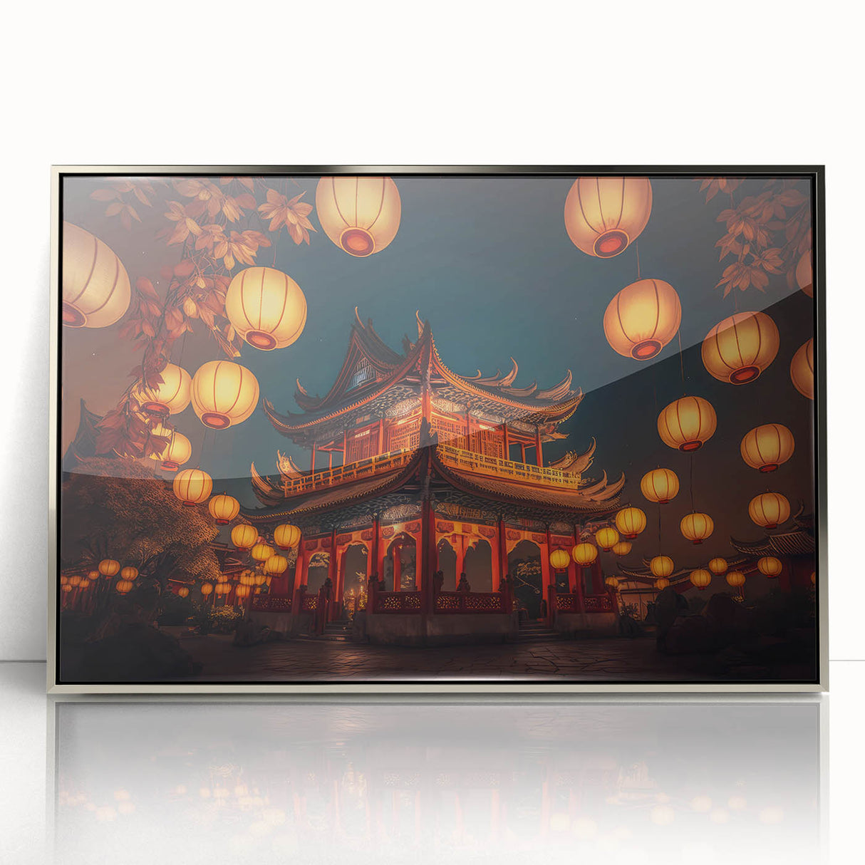 Mid-century modernist art depicting a serene Kyoto landscape in soft pastel shades on a silver-framed acrylic.