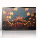 Mid-century modernist art depicting a serene Kyoto landscape in soft pastel shades on a silver-framed acrylic.